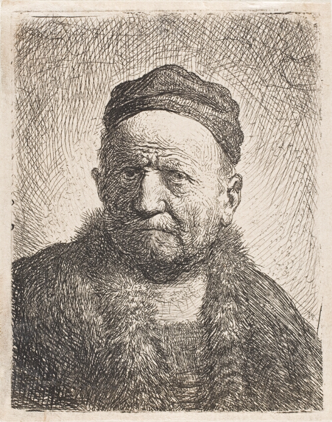 A black and white portrait of a man shown from the chest up wearing a cap and fur-collared cloak
