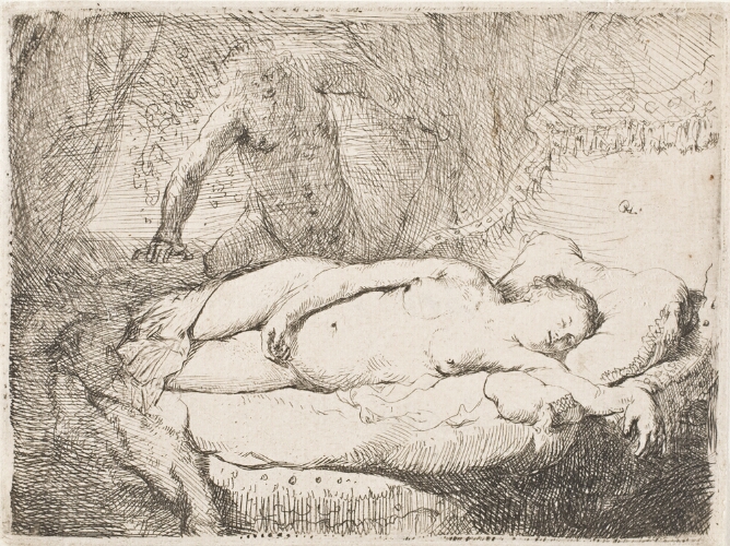 A black and white print of a nude woman lying on a bed with eyes closed, while a nude man approaches from behind