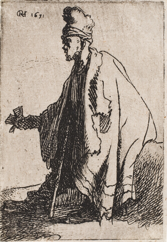 A black and white print of a figure wearing a cloak and slouchy cap sitting on a mound with a walking stick and outstretched hand, facing the viewer's left