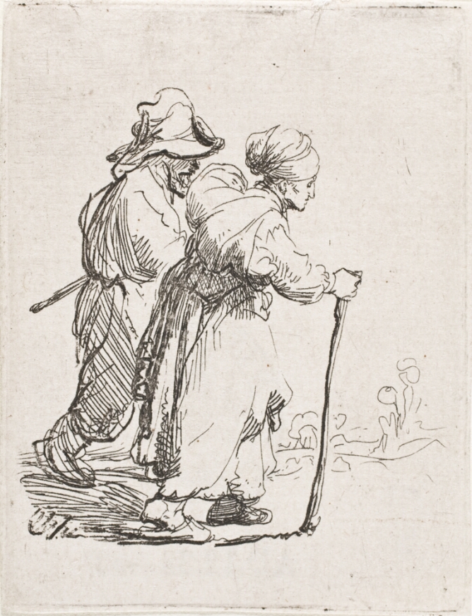 A black and white print of a woman with a walking stick and a man walking towards the viewer's right