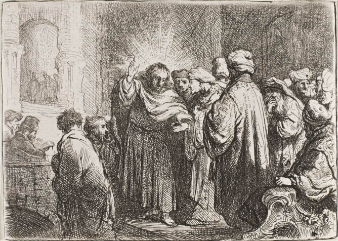 A black and white print of a standing man gesturing upwards with light radiating around his head, surrounded by figures in an architectural setting