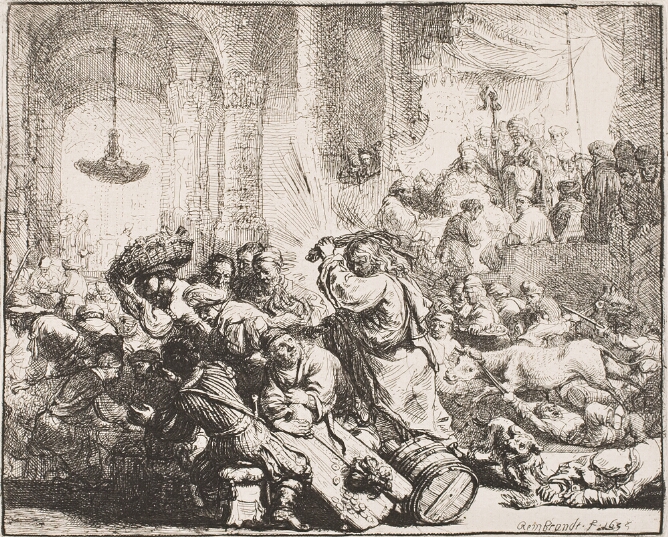 A black and white print of Christ brandishing a whip in an architectural setting towards figures clamoring to get away