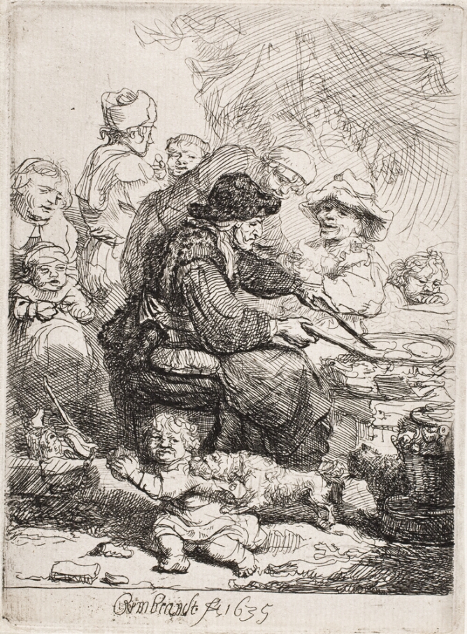 A black and white print of a sitting older woman making pancakes as figures watch around her. A child in the foreground holds a pancake out of reach from a dog