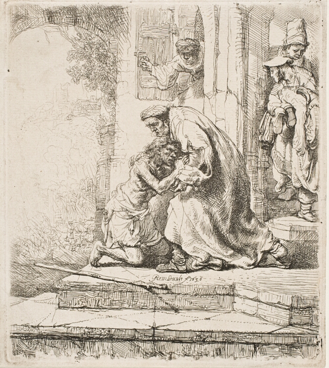 A black and white print of a semi-nude man wearing rags kneeling before and being embraced by an elderly man, while figures approach from behind with clothes and shoes