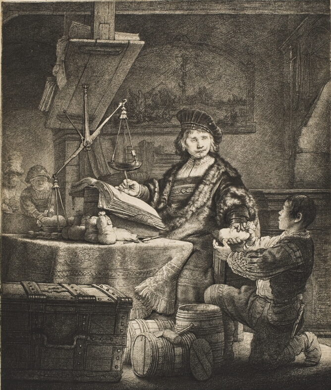 A black and white print of a man in a room sitting at a desk with scales, writing in a book and reaching out for a small bag presented to him by a kneeling figure