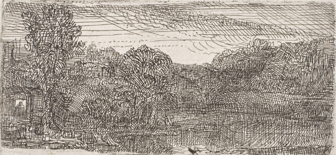 A black and white print composed of short cross-hatched lines of a house within a landscape with a figure visible through a window to the viewer's left