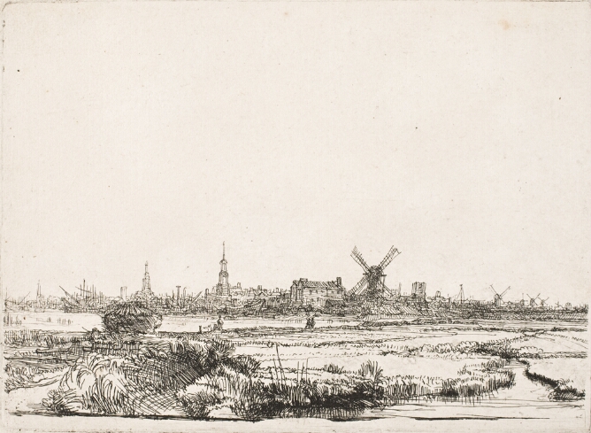A black and white print of a distant view of various buildings and a windmill on a low horizon