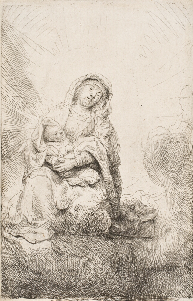 A black and white print of a woman sitting on her knees and holding a baby who emanates rays of light from his head. On her knee, a drawing of an upside-down face