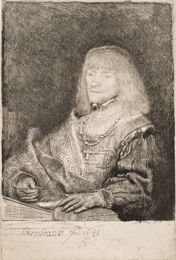 A black and white print of a man with shoulder-length hair shown from the waist up wearing a chain with a cross around his neck. He holds a writing instrument in his right hand while his left hand rests on a book
