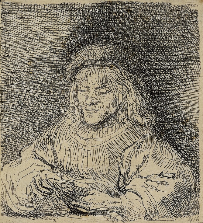 A black and white print of a man with shoulder-length hair shown from the chest up holding playing cards