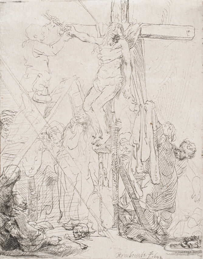 A black and white print of a man slumped on a cross while a figure on a ladder frees his nailed hand and another figure pulls a sash wrapped around his body. Figures witness from below