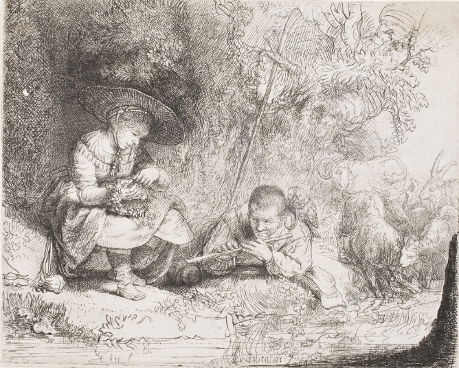 A black and white print of a young man and woman sitting by a stream. The woman holds a wreath while the man plays the flute with an owl perched on his shoulder