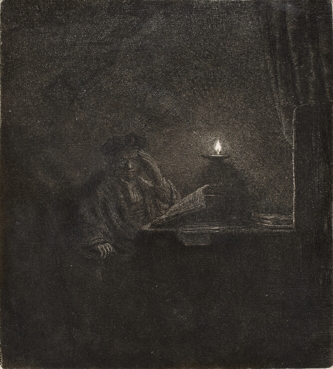 A black and white print of a man sitting at a desk in mostly darkness, with an open book in front of him illuminated by the dim light of a candle