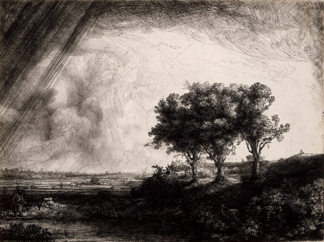 A black and white print of a landscape with a low horizon featuring three trees on a hill to the viewer's right