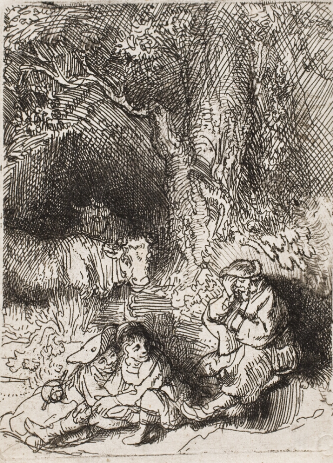 A black and white print of a man sitting by a tree sleeping with his head in his hand as two other figures rest by him. Cows stand in the background