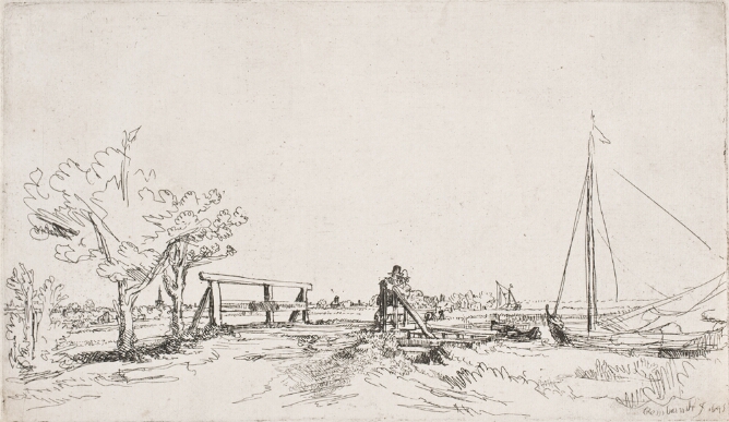 A black and white print of two small standing figures on a bridge, looking over the railing at a sailboat floating to the viewer's right
