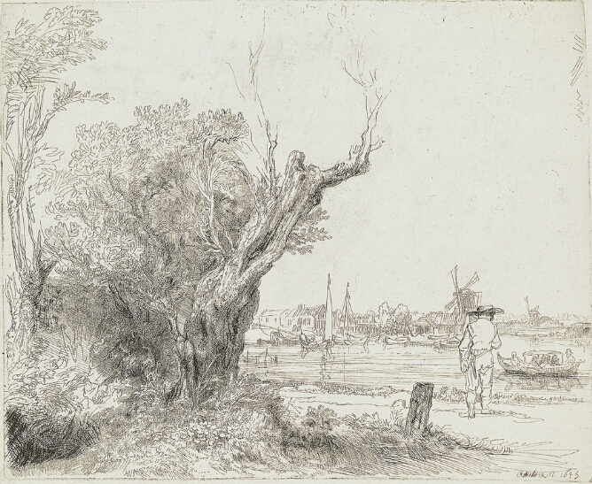 A black and white print of a gnarled tree and a man standing on a bank facing figures in a boat, a town and windmills in the distance