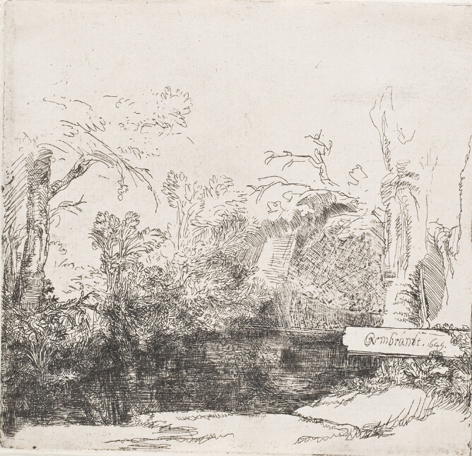 A black and white print of a brook with a barely visible boat in a grotto surrounded by lush foliage. In the foreground, an inscription on a plank by a tree reads Rembrandt 1645