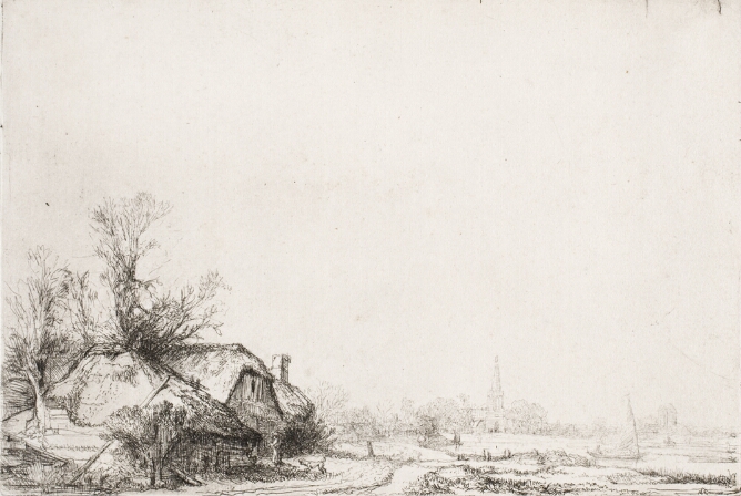 A black and white print with a low horizon of a cottage and trees to the viewer's left. A canal runs in front and a faintly visible town and tower appear in the distance