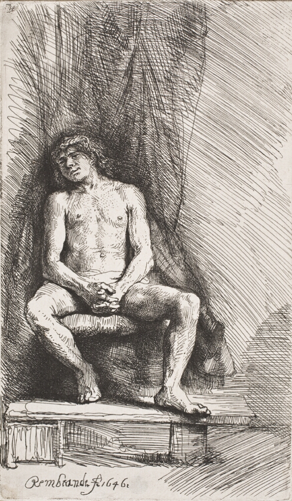 A black and white print of a nude man sitting in front of a curtain with his hands folded in his lap and his feet on a platform