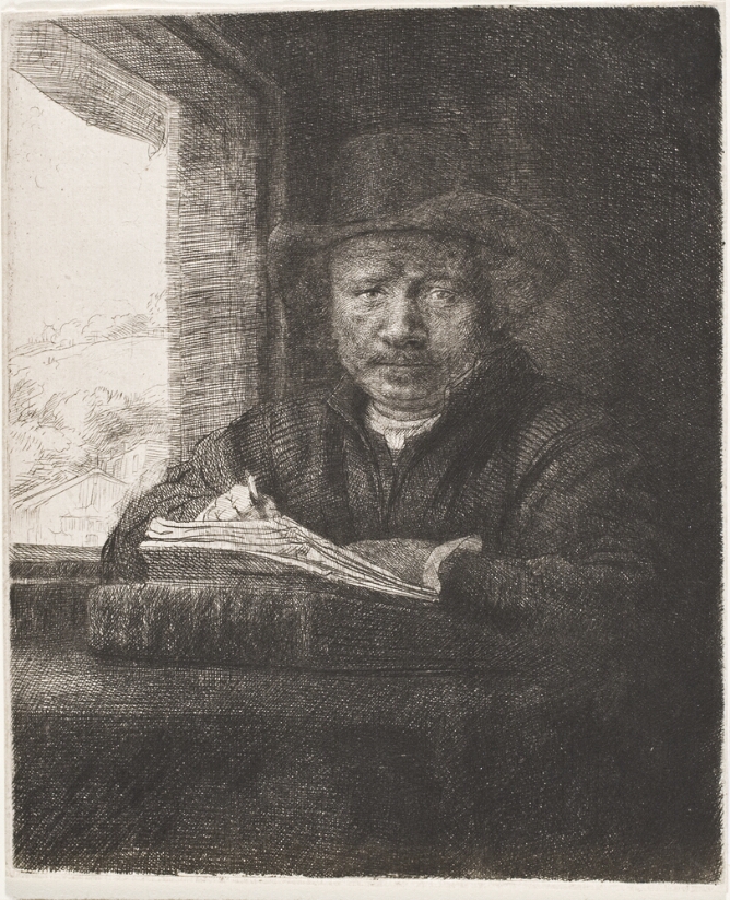 A black and white print of a man sitting at a desk by a window facing the viewer with a drawing instrument in hand