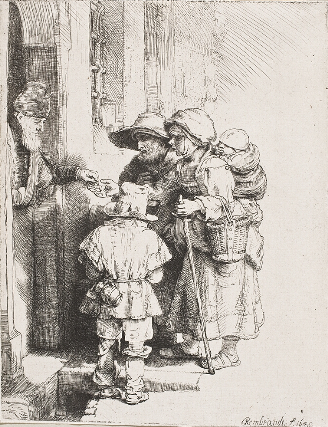A black and white print of a man, a woman carrying a baby on her back, and a smaller figure seen from the back standing before a man at a doorway who gives alms to the woman
