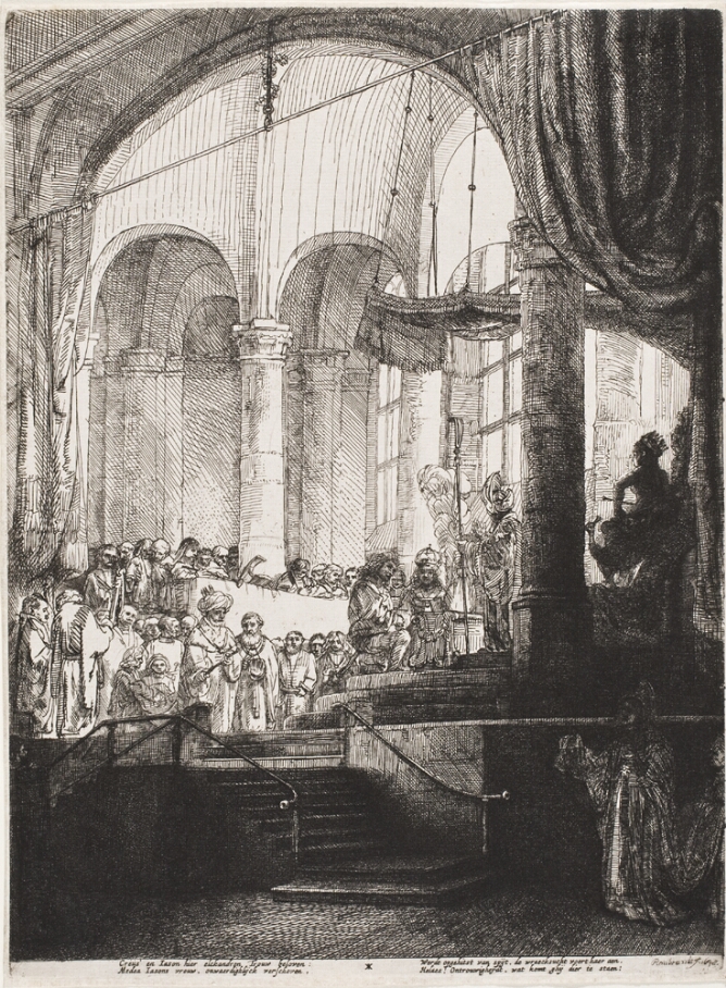A black and white print of an interior with arches, columns and two figures kneeling atop stairs before a standing figure, with a crowd behind them. A robed figure stands in shadow to the viewer's right