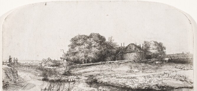 A black and white print of a hay barn surrounded by trees near a flock of sheep and a figure walking down a road by a stream