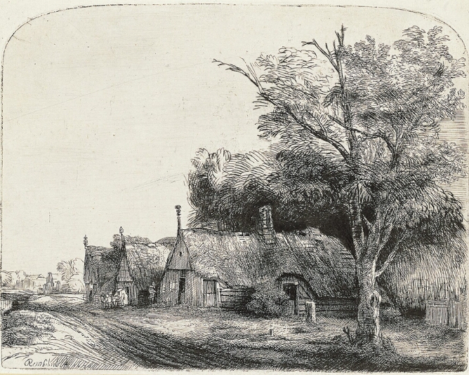A black and white print of three cottages in a line down a road with a tree to the viewer's right. Tiny figures are gathered in front of the second cottage
