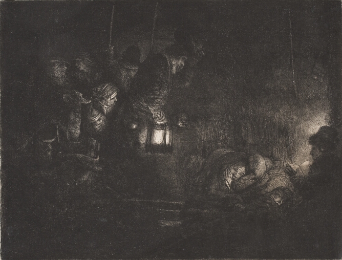 A black and white print of a dark night scene illuminated by a lantern held by a standing man who shines its light on a woman resting next to a baby and a man reading, as figures and cattle witness