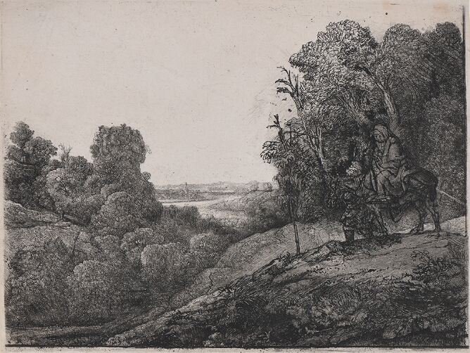A black and white print of a woman on a donkey guided by a man on a hillside of a landscape