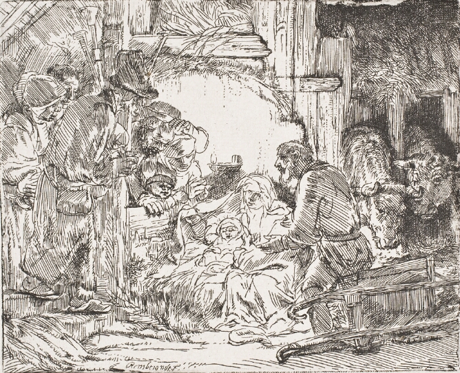 A black and white print of a baby lying beside a woman and a standing man with an oil lamp behind them. A group gathers to the viewer's left as cows graze to the viewer's right