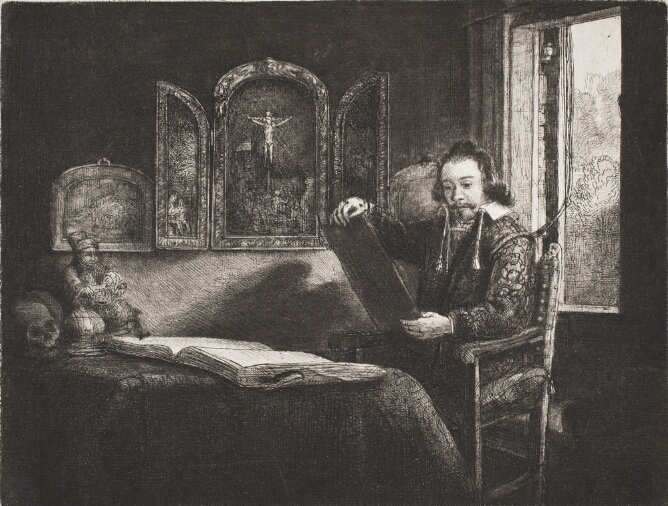 A black and white print of a man in a room with collectibles sitting in a chair with his back towards an open window, holding a sheet of paper in front of a table with an open book