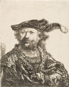Rembrandt in Velvet Cap and Plume, with an Embroidered Dress:  Bust