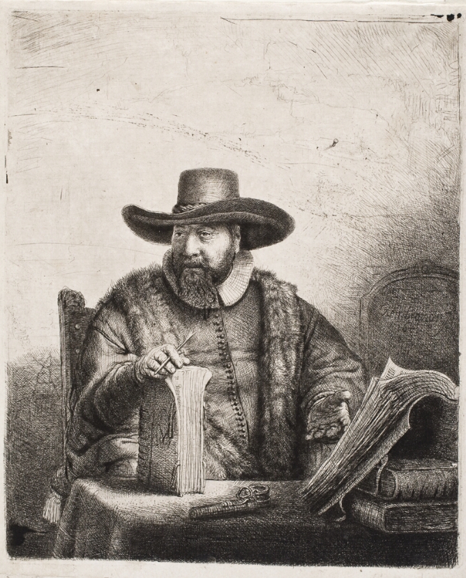 A black and white portrait of a bearded man with a broad-brimmed hat sitting at a desk. His right hand holds a writing instrument and the top of an upright book, while his left hand gestures to a stack of books on the desk