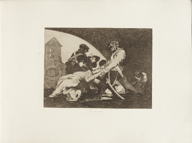 A black and white print of a woman being dragged by a soldier, while a baby lies on the ground next to her. Another woman struggles with a soldier in the background