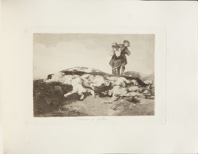 A black and white print of two standing figures, hands covering their noses, looking down at naked bodies strewn over a field