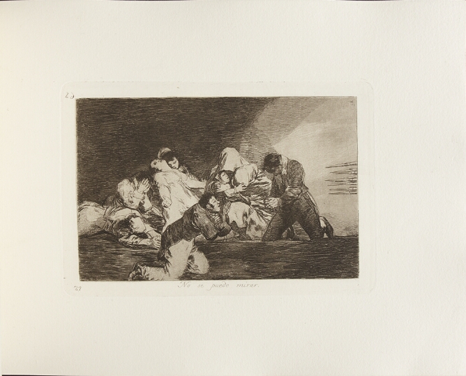 A black and white print of a group of desperate men, women and children kneeling in front of the tips of bayonets shown to the viewer's right