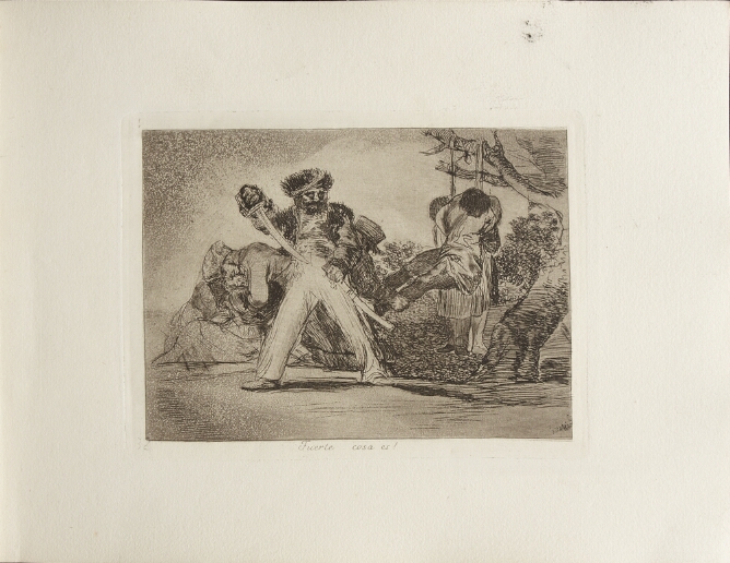 A black and white print of a soldier putting his sword back into his sheath, while figures hold onto a body hanging from a tree