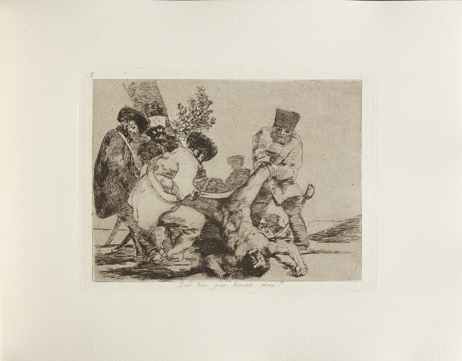 A black and white print of soldiers holding a naked man upside down, while another soldier holds a sword between the man's legs