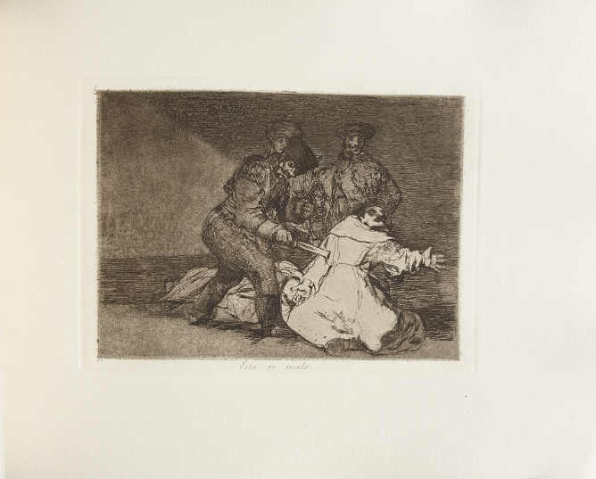 A black and white print of a standing man stabbing a collapsing robed figure, as two other standing figures look on from behind