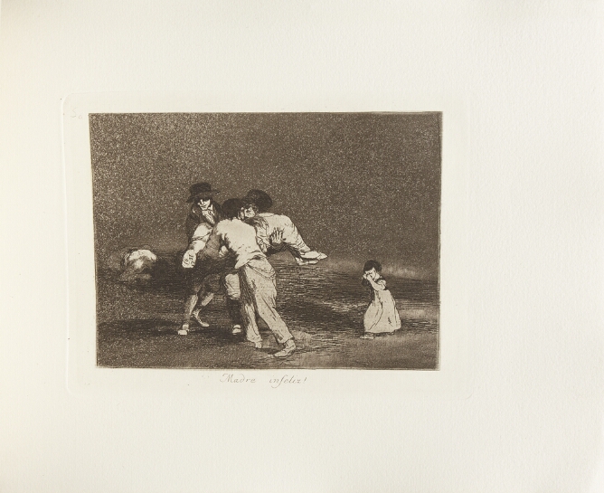 A black and white print of figures carrying a lifeless woman's body, as a child cries and follows from behind