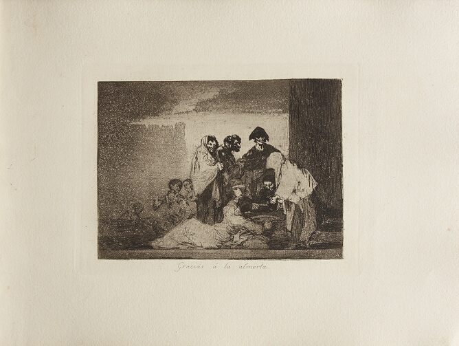 A black and white print of a group of emaciated figures, huddled for food