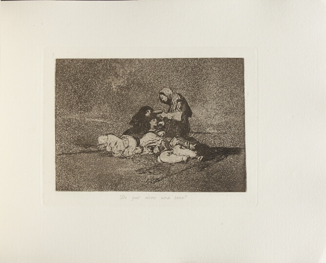 A black and white print of a kneeling figure holding a cup before another figure and other slumped figures