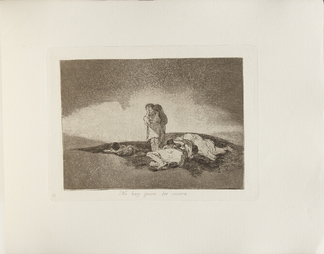 A black and white print of a figure with their hand over their face, standing next to bodies lying on the ground in a desolate landscape