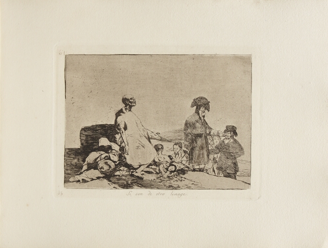 A black and white print of an emaciated figure sitting with their arms outstretched among other figures including a child, slumped and lying on the ground around him, as well dressed men and women stand nearby