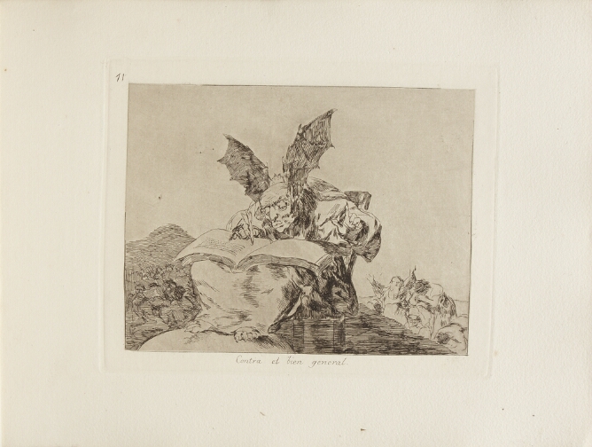 A black and white print of a figure with bat-wing ears sitting in a chair and writing in a book, with other figures below