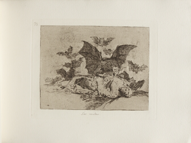A black and white print of a bat-like creature sucking the chest of a lifeless figure on the ground, as other bat-like creatures swoop in from behind