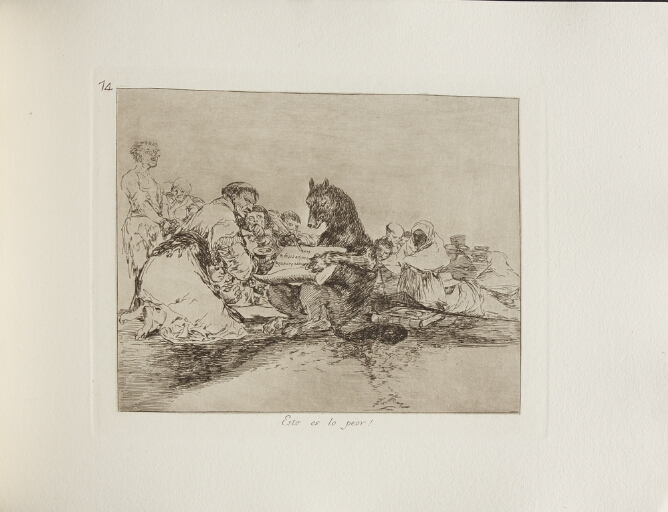A black and white print of a sitting wolf writing with a quill on paper, as a crowd gathers