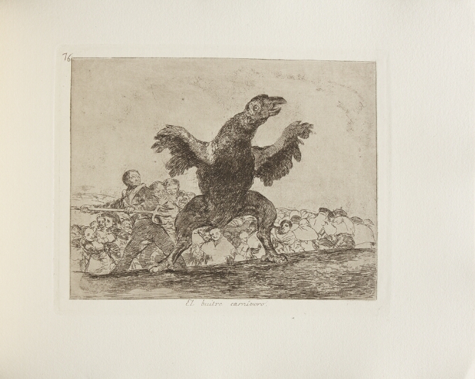 A black and white print of a bird standing upright as a man wields a pitchfork, while a crowd watches below